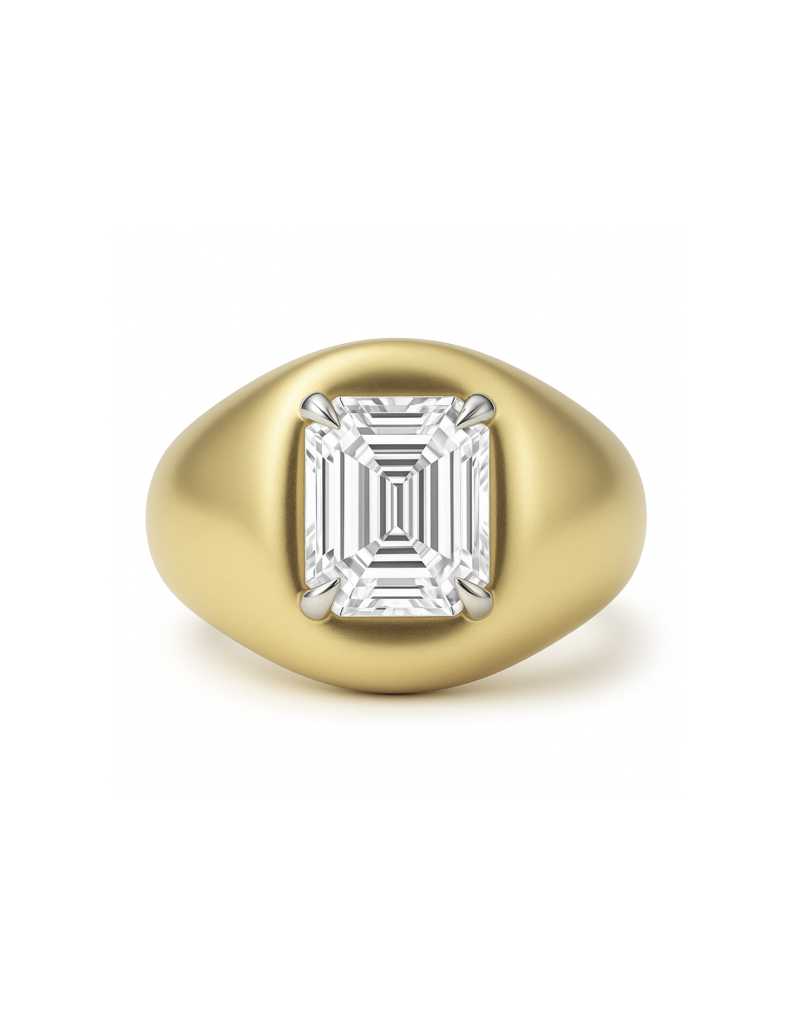 The Scott Ring features an Asscher-cut diamond set in refined claw prongs on a domed gold band. Crafted in 14k gold or platinum, with a diamond hand-selected by our team or a curated gemstone of your choice.
