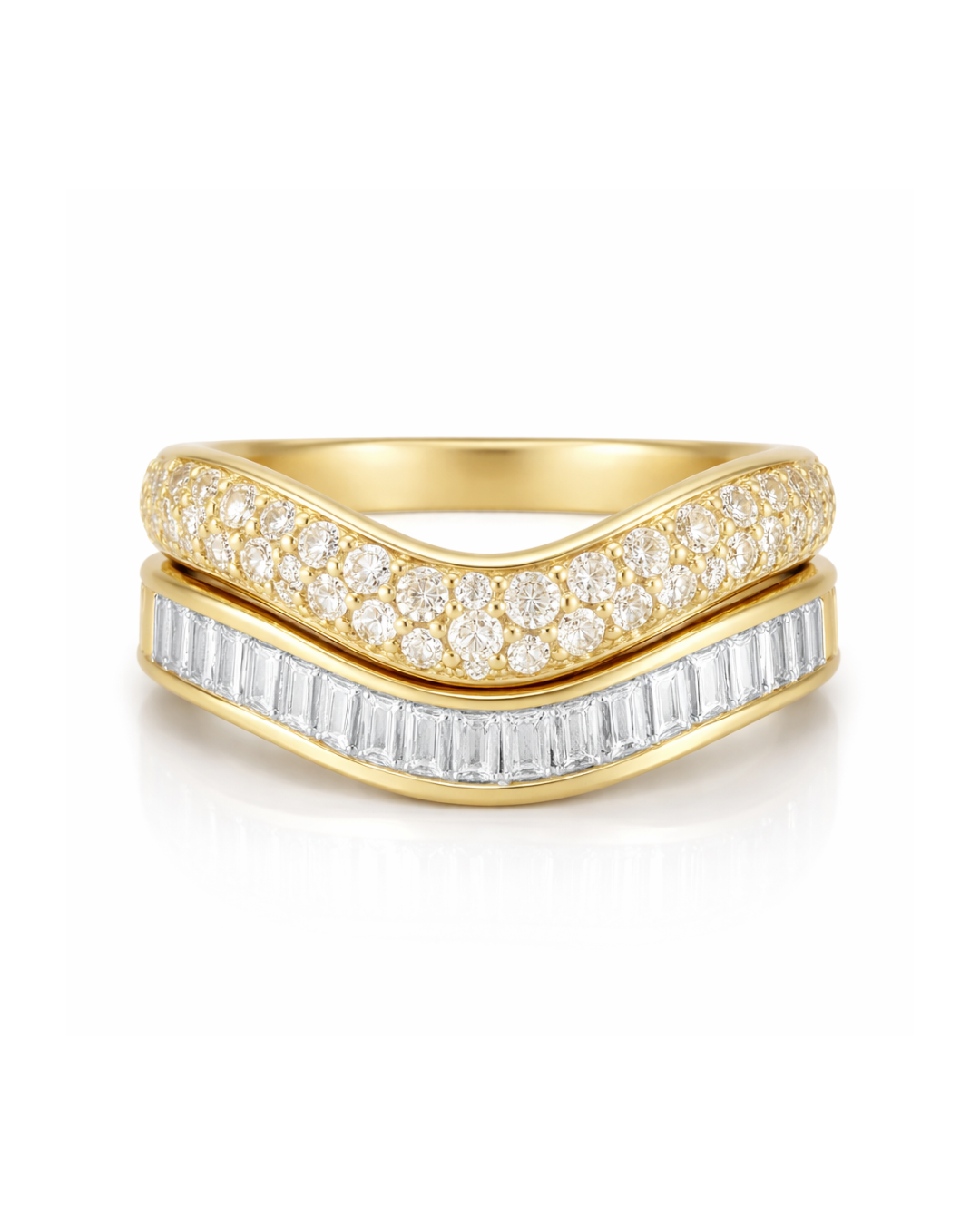 Gold ring with diamond accents on a white background