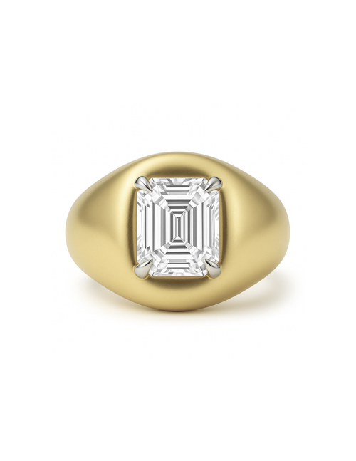 The Scott Ring features an Asscher-cut diamond set in refined claw prongs on a domed gold band. Crafted in 14k gold or platinum, with a diamond hand-selected by our team or a curated gemstone of your choice.