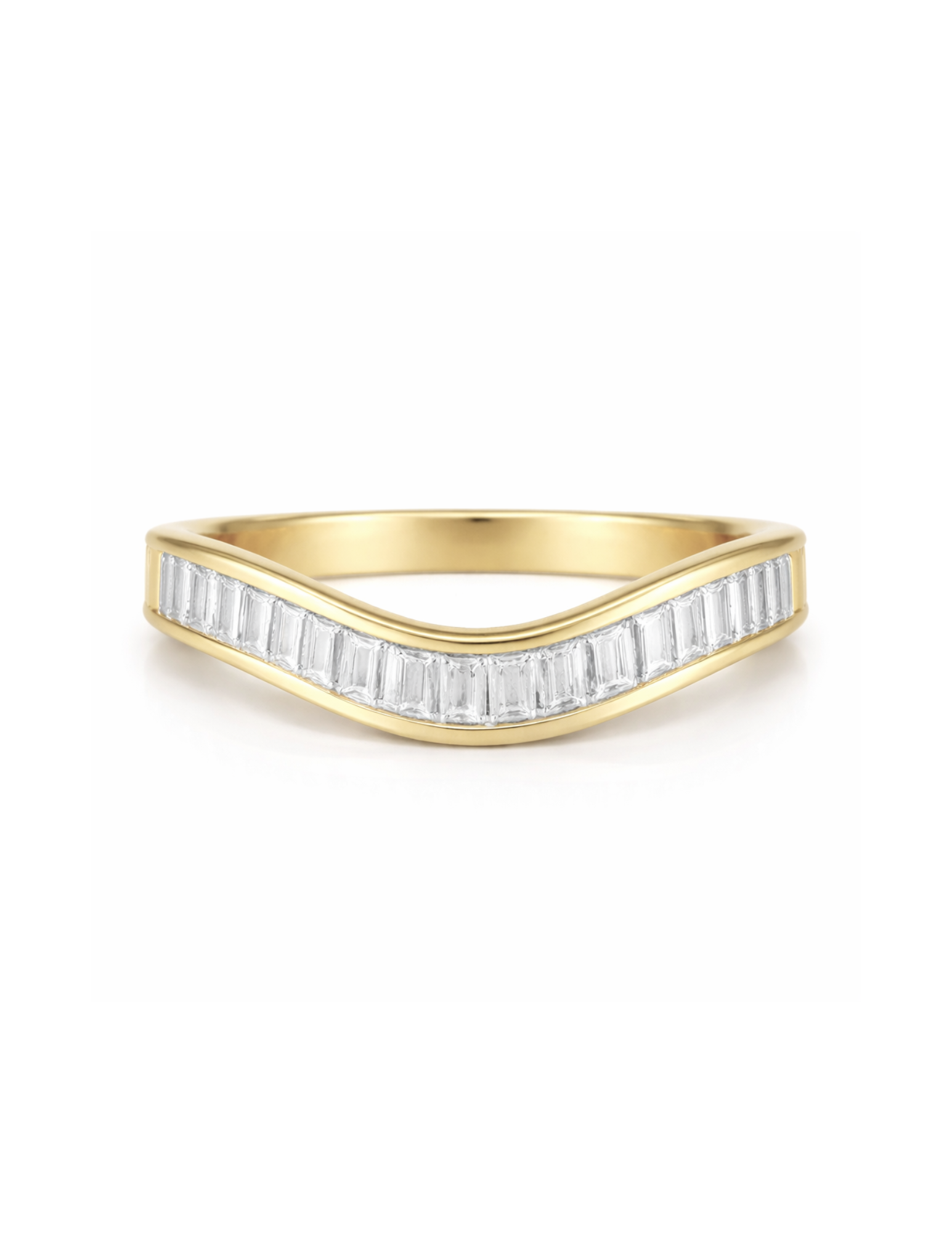 Gold ring with baguette cut diamonds on a white background
