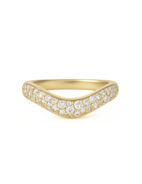 Gold ring with diamond accents on a white background