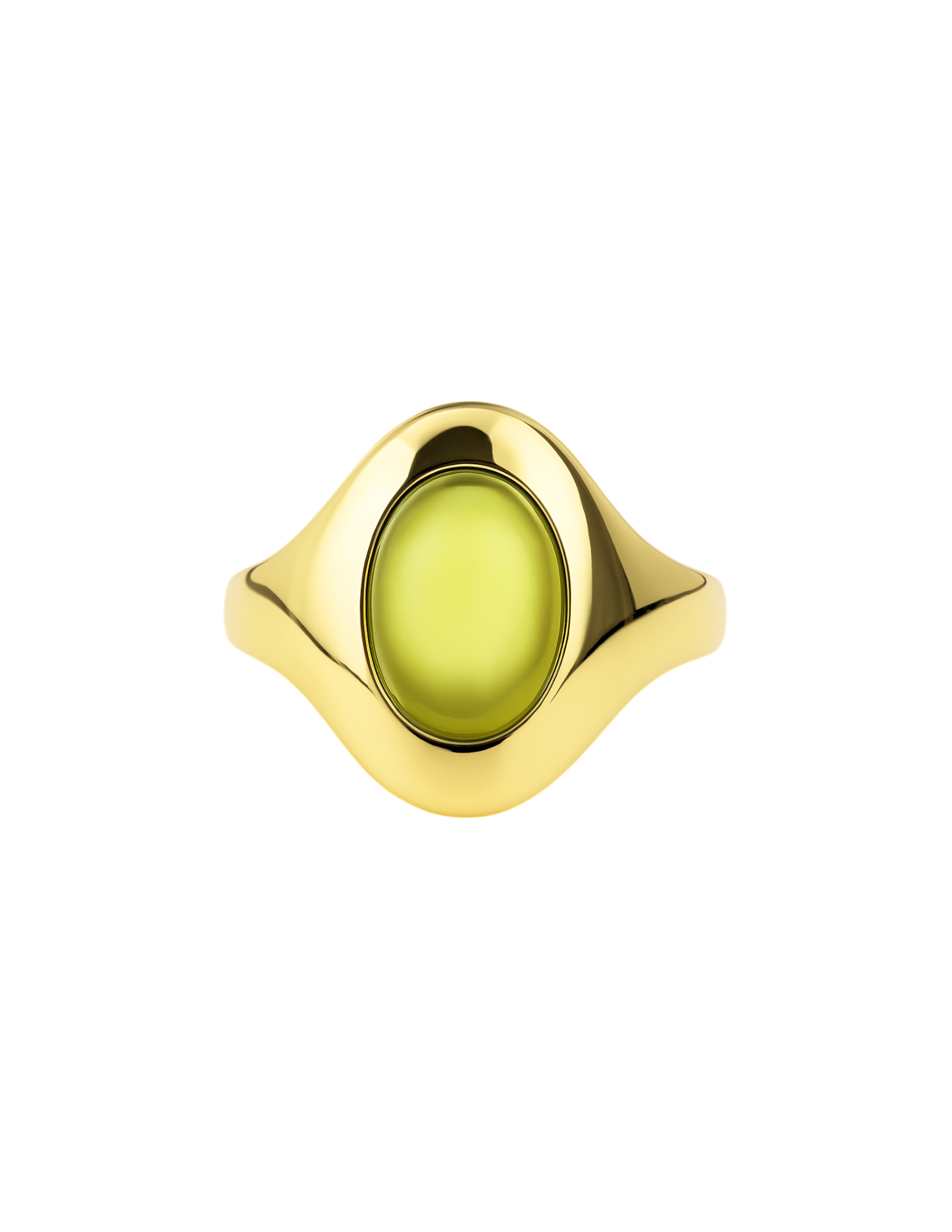 Gold ring with a green gemstone on a white background
