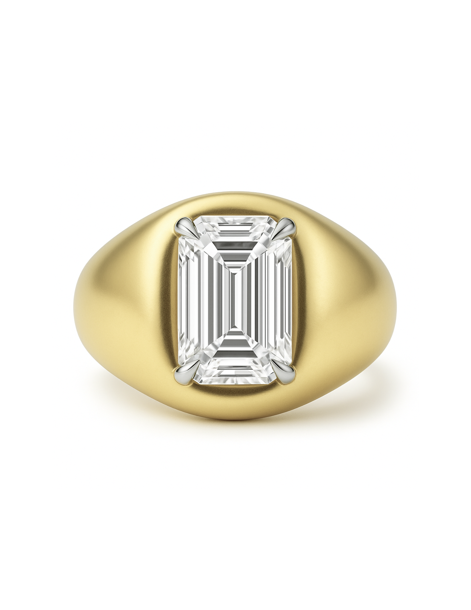 The Scott Ring features an Emerald-cut diamond set in refined claw prongs on a domed gold band. Crafted in 14k gold or platinum, with a diamond hand-selected by our team or a curated gemstone of your choice.