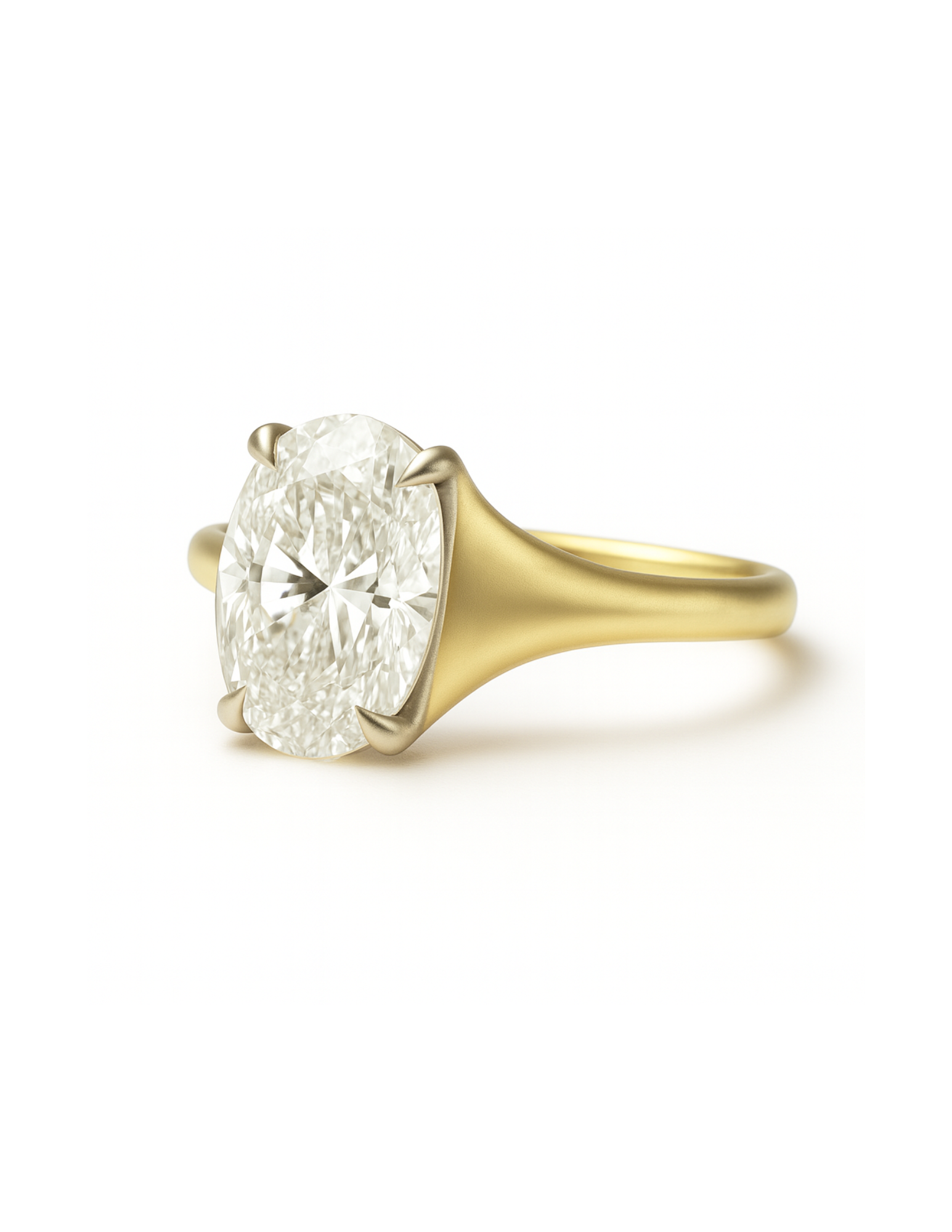 Gold ring with a large oval diamond on a white background